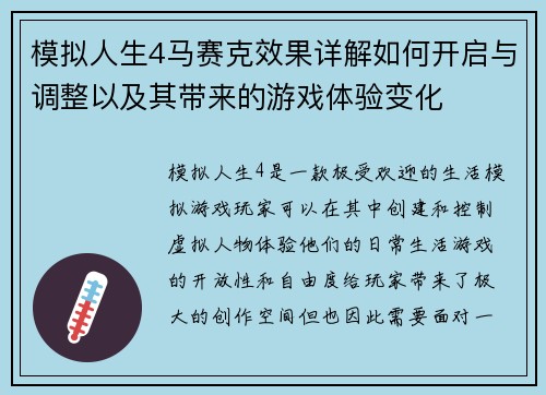 模拟人生4马赛克效果详解如何开启与调整以及其带来的游戏体验变化